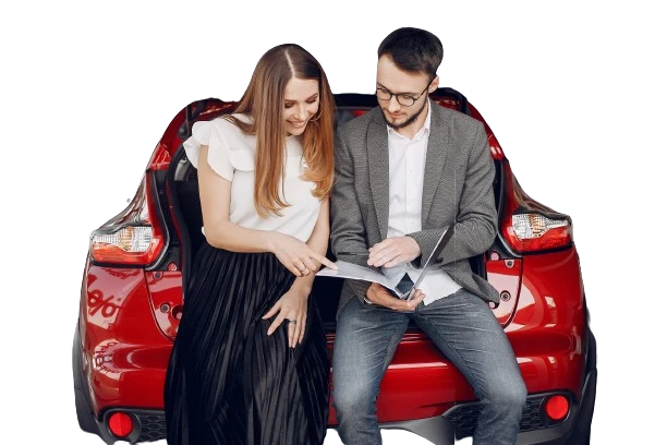 Happy family with car